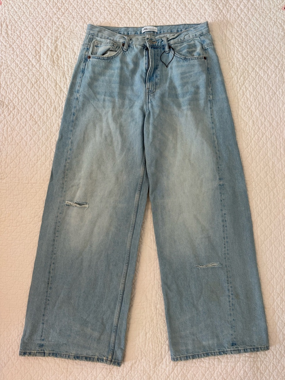 Zara Light Blue Wide-Leg Distressed Jeans
